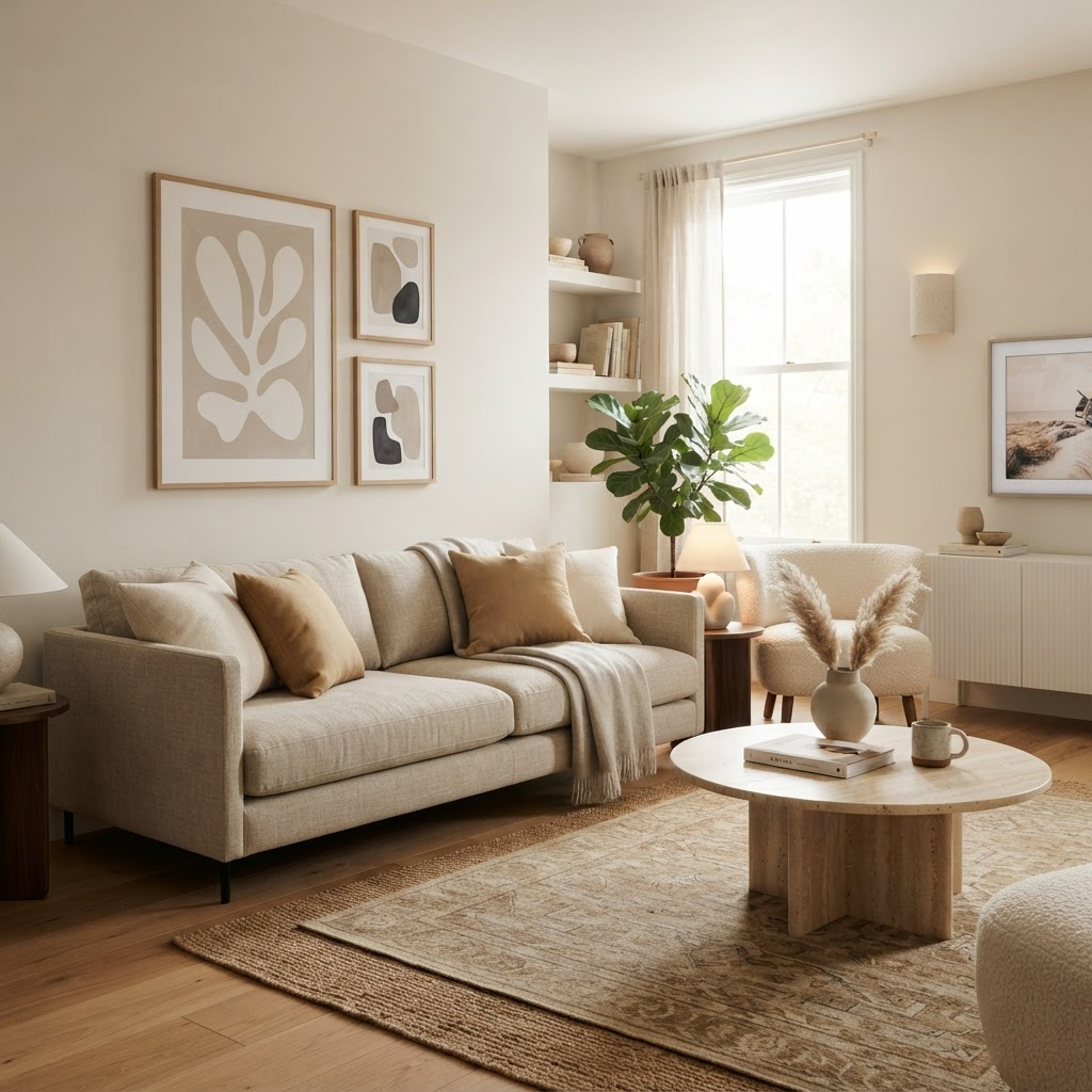 Ambiente decorado com quadros e artigos para casa